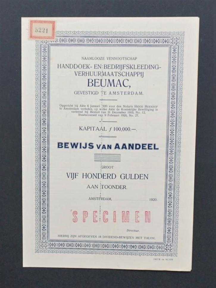 Handdoek- en Bedrijfskleeding Verhuurbedrijf BEUMAC 1920, Postzegels en Munten, Aandelen en Waardepapieren, Aandeel, 1920 tot 1950