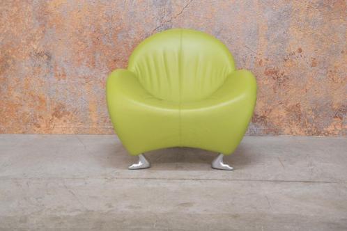 ZGANieuw! limegroene leren Leolux Papageno design fauteuil, Huis en Inrichting, Fauteuils, Zo goed als nieuw, Leer, Metaal, 75 tot 100 cm