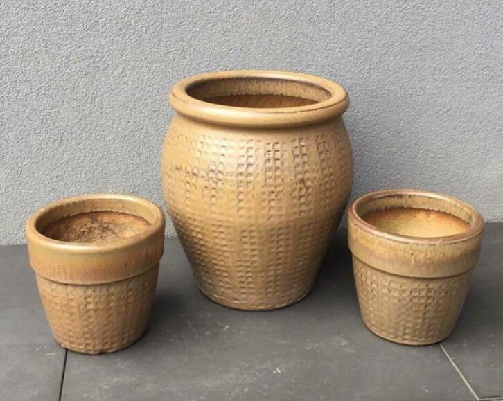Grote unieke oude terracotta jaren’50 bloempotten set, Tuin en Terras, Bloempotten, Zo goed als nieuw, Terracotta, Binnen, Balkon