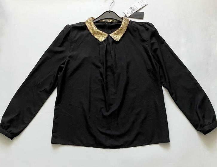 (Nieuw) WE | Blouse met gouden paillettenkraag (maat L), Kleding | Dames, Blouses en Tunieken, Nieuw, Maat 42/44 (L), Zwart, Ophalen of Verzenden