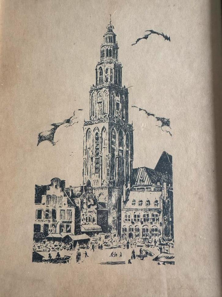Groningen Martinitoren Prent incl lijst, Antiek en Kunst, Kunst | Etsen en Gravures, Ophalen of Verzenden