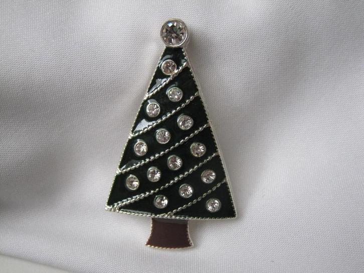 Broche kerst kerstboom /groen bruin emaille / rijnsteentjes, Diversen, Kerst, Zo goed als nieuw, Verzenden