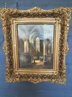 Antiek Kerkinterieur Schilderij met Sierlijke Lijst, Antiek en Kunst, Ophalen of Verzenden