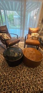 Vintage Lederen Fauteuils (2x) met Poefs, Gebruikt, Vintage, 75 tot 100 cm, Ophalen of Verzenden