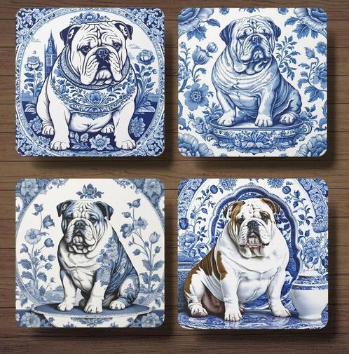 Engelse Bulldog Delfts Blauw onderzetters met houder, Huis en Inrichting, Woonaccessoires | Onderzetters, Nieuw, Glas of Kopje