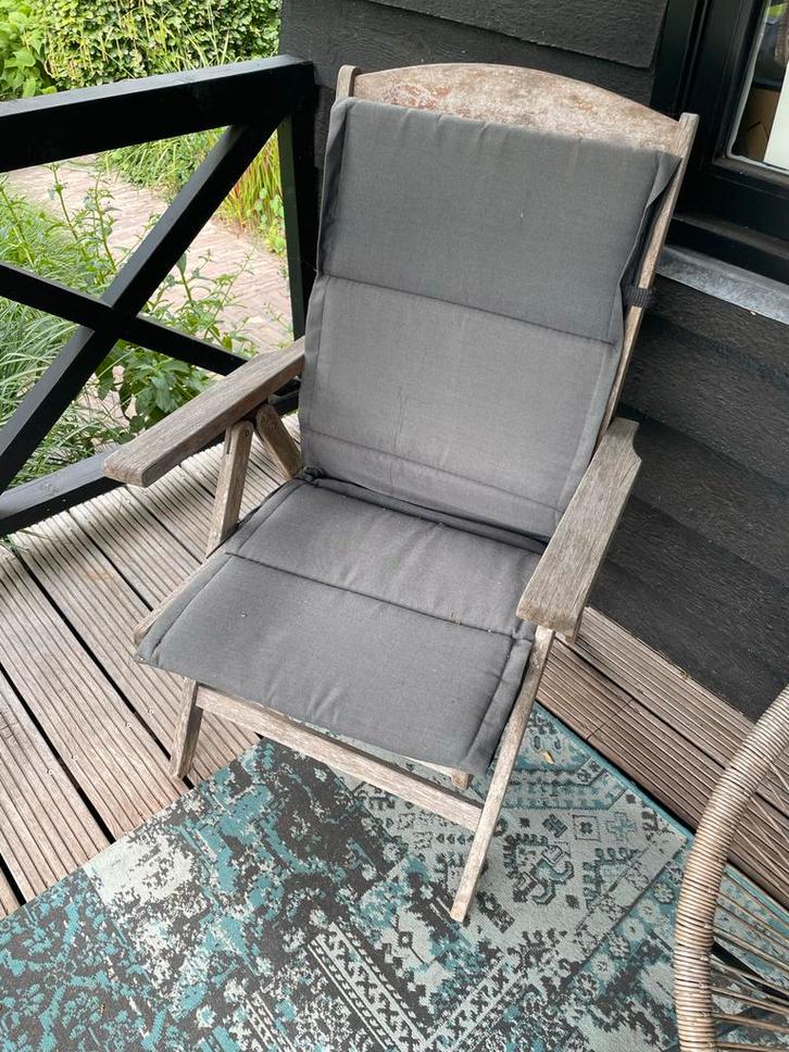 Teak tuinstoel met kussens, Tuin en Terras, Tuinstoelen, Gebruikt, Hout, Inklapbaar, Verstelbaar, Ophalen