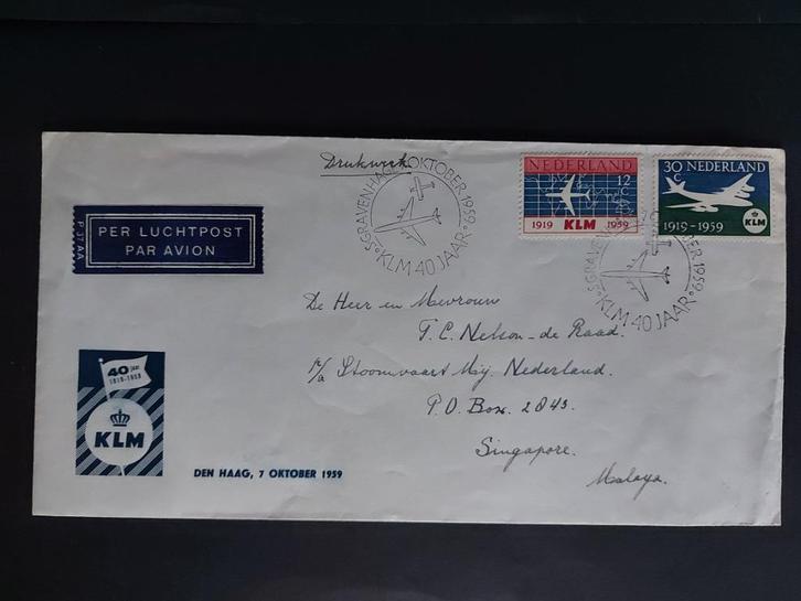 KLM 40 jaar envelop uit 1959, verstuurd naar Singapore (L169, Postzegels en Munten, Brieven en Enveloppen | Nederland, Envelop