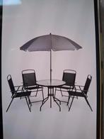 Te Koop, tuinset met ronde tafel, 4 stoelen en een parasol, Tuin en Terras, Tuinsets en Loungesets, Ophalen, Zo goed als nieuw