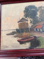 Schilderij - Landschap met water en boerderi, Ophalen of Verzenden