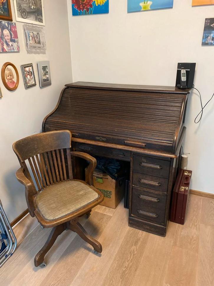 Eiken Cilinderbureau met Stoel - Verrijdbaar, Antiek en Kunst, Antiek | Meubels | Kasten, Ophalen