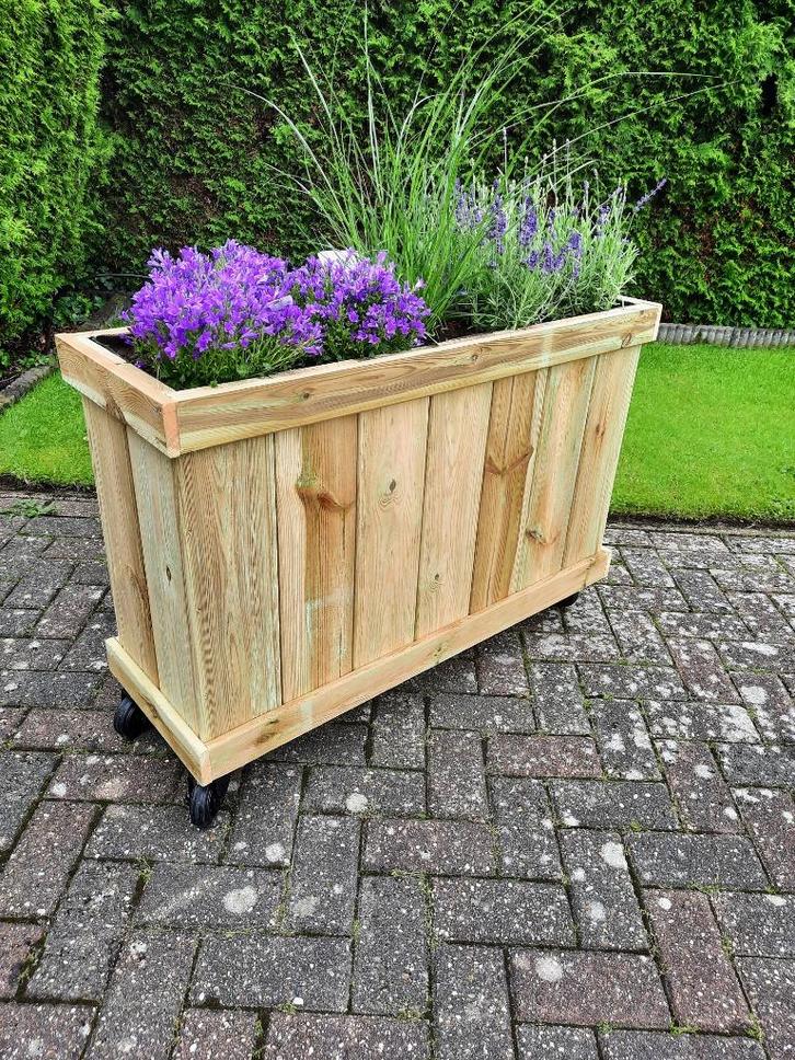 Zelfgemaakte bloembakken op wieltjes, Tuin en Terras, Bloembakken en Plantenbakken, Nieuw, Hout, Balkon, Tuin, 60 cm of meer, 100 cm of meer