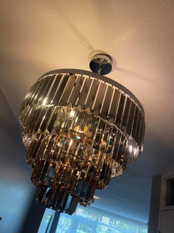 Luxe plafonnière/kroonluchter.Rookglas&chroom Ø50cm te koop. beschikbaar voor biedingen