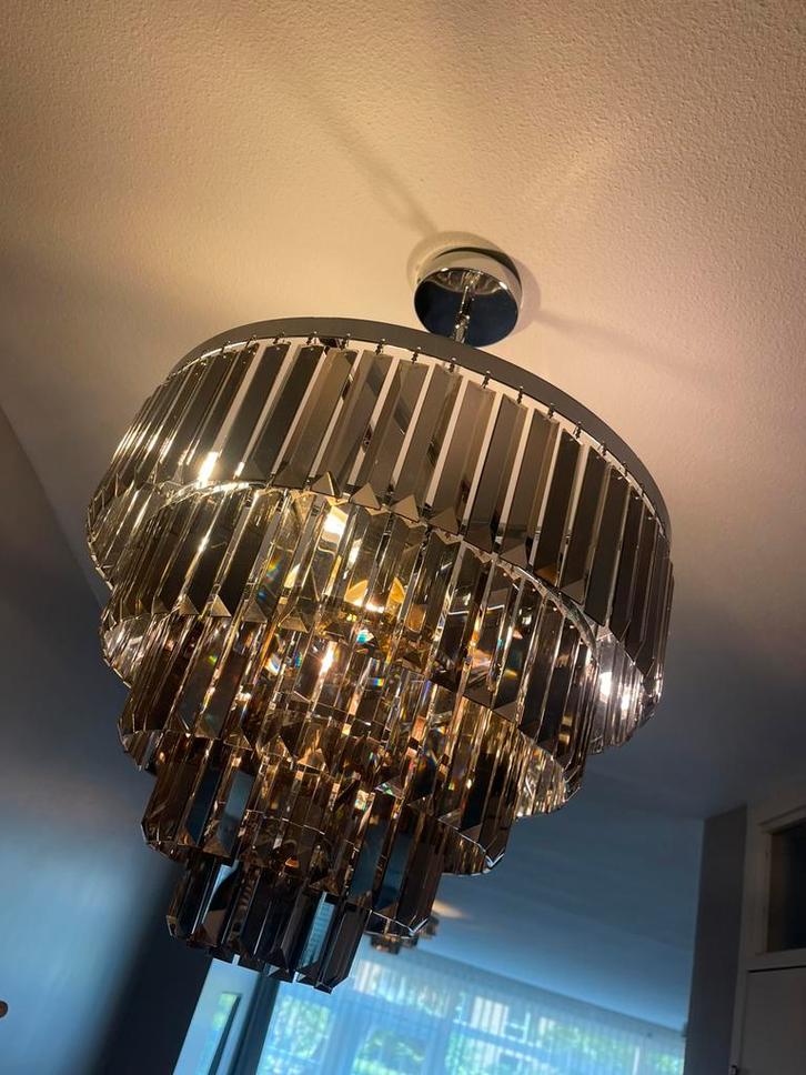 Luxe plafonnière/kroonluchter.Rookglas&chroom Ø50cm te koop., Huis en Inrichting, Lampen | Kroonluchters, Zo goed als nieuw, Ophalen