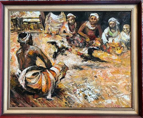 Indonesisch Bali olieverf schilderij van een hanengevecht, Antiek en Kunst, Kunst | Niet-Westerse kunst, Ophalen of Verzenden