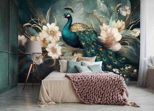 Fotobehang / Behang - Hotel Chique - Pauw met Luxe Bloemen, Huis en Inrichting, Stoffering | Behang, Beige, Groen, minder dan 10 m²