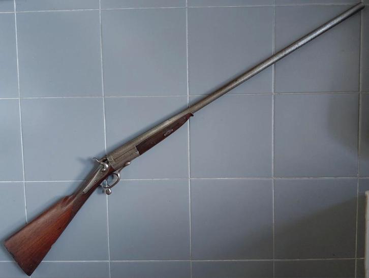 Antiek Brits enkelloops hagel geweer kal 12 zwartkruit, Antiek en Kunst, Antiek | Overige Antiek, Ophalen of Verzenden