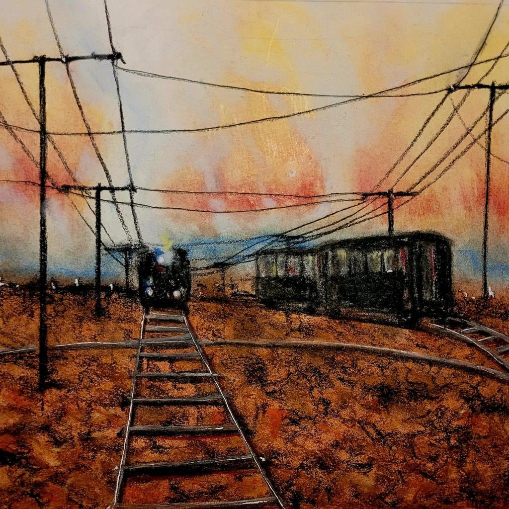 Treinen. Originele pastel. A3 formaat, Antiek en Kunst, Ophalen of Verzenden