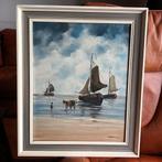 Jan Kelderman,  olieverf op doek,  zeilboten op het strand, Ophalen of Verzenden