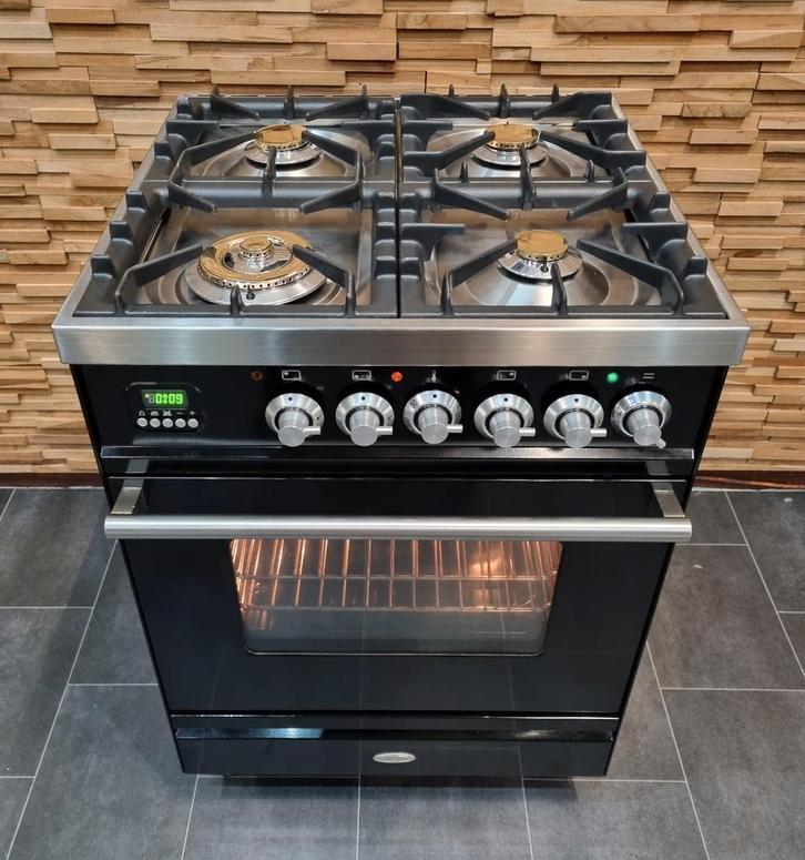 🔥Luxe Fornuis Boretti 60cm hoogglans zwart + rvs 4 pits, Witgoed en Apparatuur, Fornuizen, Zo goed als nieuw, Vrijstaand, Gas