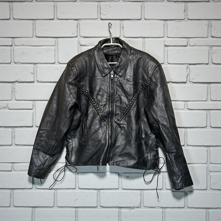 Vintage Jacket Maat XL Zwart Leer Biker Style Unik, Kleding | Dames, Jassen | Winter, Zo goed als nieuw, Maat 46/48 (XL) of groter