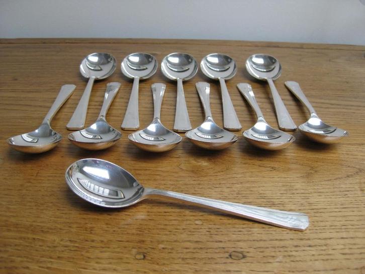 Verzilverde lepels, bouillonlepels, Art Deco, 12 pers., Antiek en Kunst, Antiek | Bestek, Ophalen of Verzenden