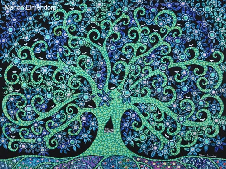 Uniek Handgeschilderd Schilderij Wasbeertjes in Bloesem Boom, Antiek en Kunst, Kunst | Schilderijen | Modern, Ophalen of Verzenden