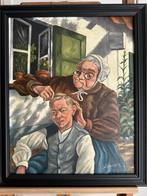 te koop een gezellig schilderij "OMA KNIPT KLEINZOON", Ophalen of Verzenden