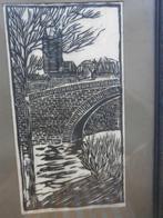 J.H.E Schilling, Mooie zw-wit Houtsnede Brug in Lijst, Antiek en Kunst, Kunst | Etsen en Gravures, Ophalen