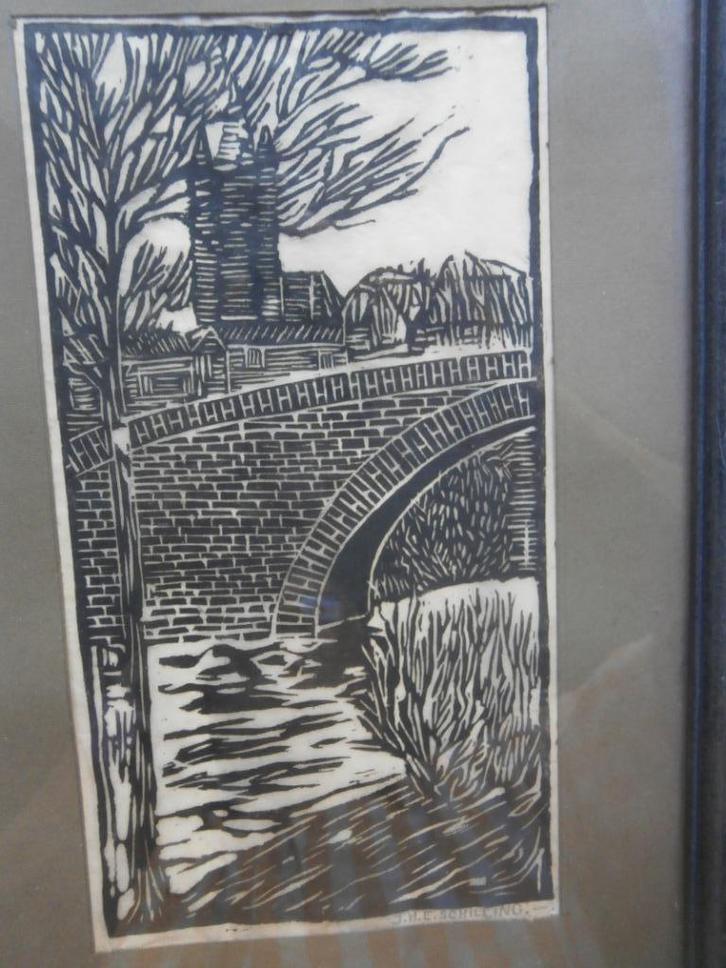 J.H.E Schilling, Mooie zw-wit Houtsnede Brug in Lijst, Antiek en Kunst, Kunst | Etsen en Gravures, Ophalen