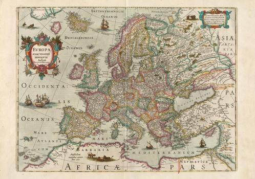 Grote landkaart van Europa door Hondius uit 17e eeuw, Boeken, Atlassen en Landkaarten, Zo goed als nieuw, Landkaart, Wereld, 1800 tot 2000