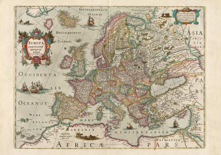 Grote landkaart van Europa door Hondius uit 17e eeuw, Boeken, Atlassen en Landkaarten, Zo goed als nieuw, Landkaart, Wereld, 1800 tot 2000