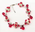 Rode armband met handgemaakte glaskralen met bloemen, Nieuw, Ophalen of Verzenden, Met bedels of kralen, Rood