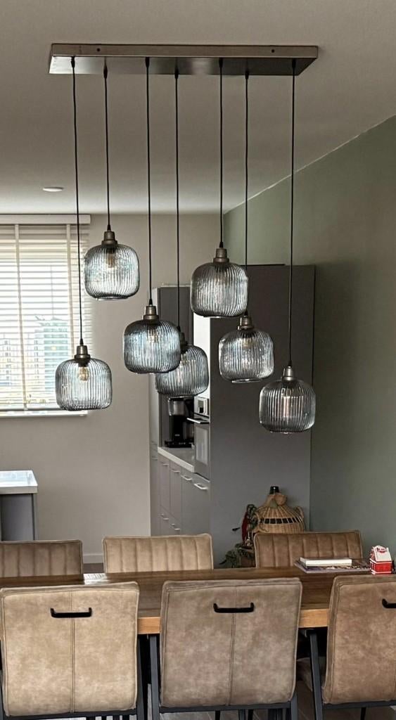 Hanglamp Smoke Glas - (stripe met 7 lampen), Huis en Inrichting, Lampen | Hanglampen, Ophalen, Retro industrieel, Zo goed als nieuw