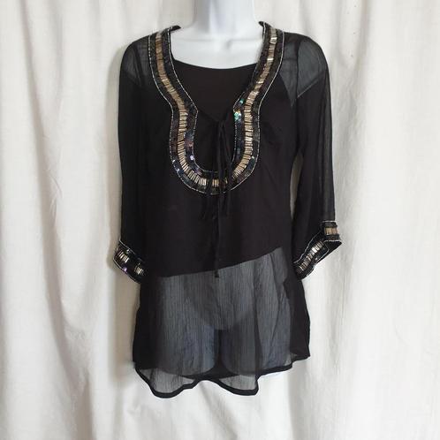 Gaaf zwart doorschijnend shirt kralen, pailettes mt S CLCT, Kleding | Dames, T-shirts, Zo goed als nieuw, Maat 36 (S), Zwart, Korte mouw