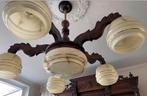 Art Deco Houten Hanglamp met 5 Armen, Huis en Inrichting, Lampen | Kroonluchters, Ophalen, Gebruikt, Glas, Art Deco