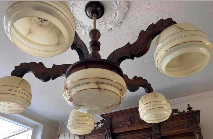 Art Deco Houten Hanglamp met 5 Armen, Huis en Inrichting, Lampen | Kroonluchters, Gebruikt, Glas, Hout, Ophalen