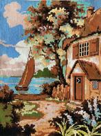 Borduurwerk, zijde, schip, rivier, huis, vintage, Ophalen, Gebruikt, Handborduren, Overige typen