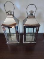 2 windlichten / lantaarns van chroom, Huis en Inrichting, Woonaccessoires | Kandelaars en Kaarsen, Ophalen, Gebruikt, Overige kleuren