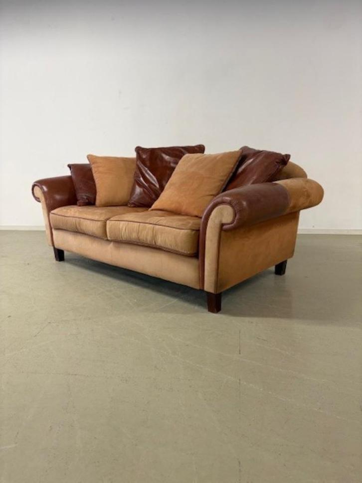 Engelse 2.5-zits bank in een combinatie van stof en leer, Huis en Inrichting, Fauteuils, Gebruikt, Leer, Stof, 125 cm of meer