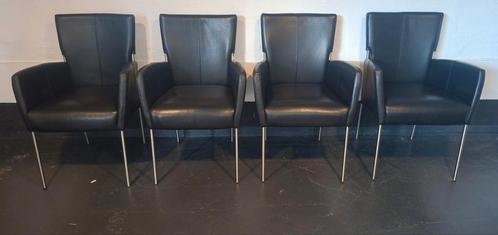 Set van 4 Zwarte Leren Eetkamerstoelen, Huis en Inrichting, Stoelen, Zo goed als nieuw, Vier, Leer, Metaal, Zwart, Ophalen of Verzenden