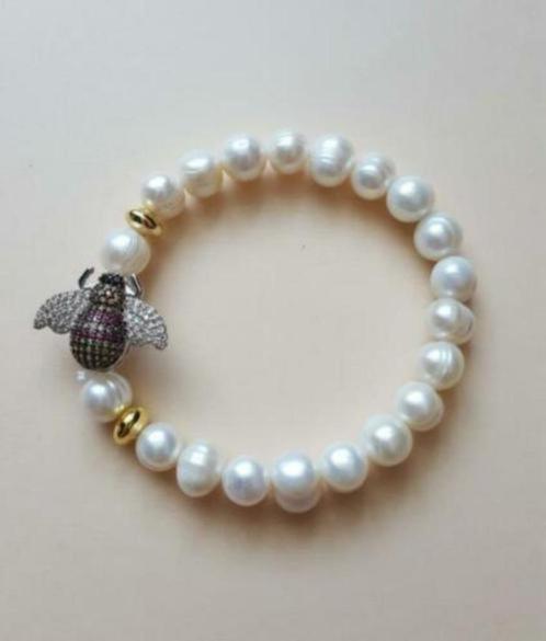 Zoetwater stretch parelarmband bij met Swarovski elementen, Sieraden, Tassen en Uiterlijk, Armbanden, Nieuw, Overige materialen