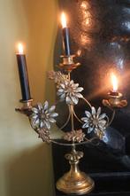 Antieke franse kandelaar 3-armige oogstkandelaar bloemen, Ophalen, Koper of Brons