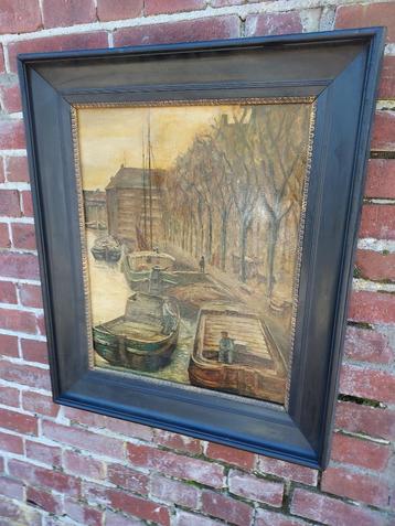 Schilderij stadsgracht met aangemeerde schepen. beschikbaar voor biedingen