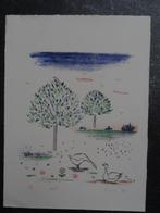 kleurrijke litho ganzen bij bomen, lente Mira O. 1984, Antiek en Kunst, Kunst | Litho's en Zeefdrukken, Verzenden