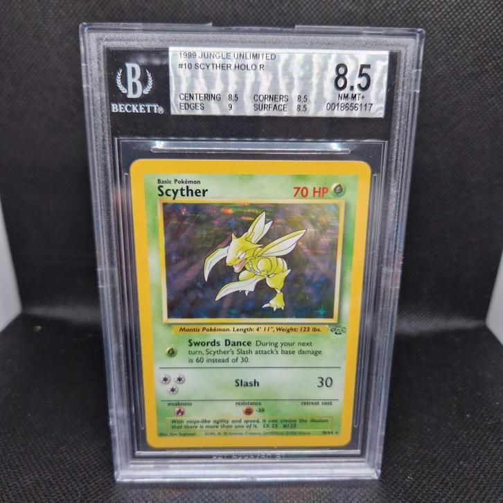 Scyther Holo Jungle Unlimited BGS 8.5, Hobby en Vrije tijd, Verzamelkaartspellen | Pokémon, Zo goed als nieuw, Ophalen of Verzenden