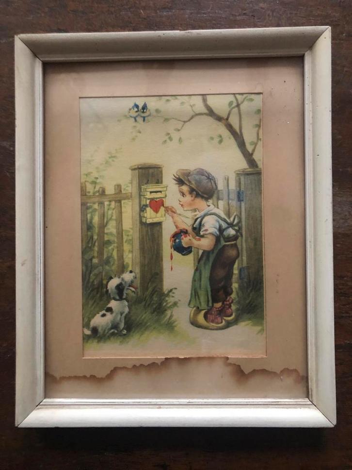 Vintage Prent Jongen met Hond, Antiek en Kunst, Kunst | Tekeningen en Foto's, Ophalen of Verzenden