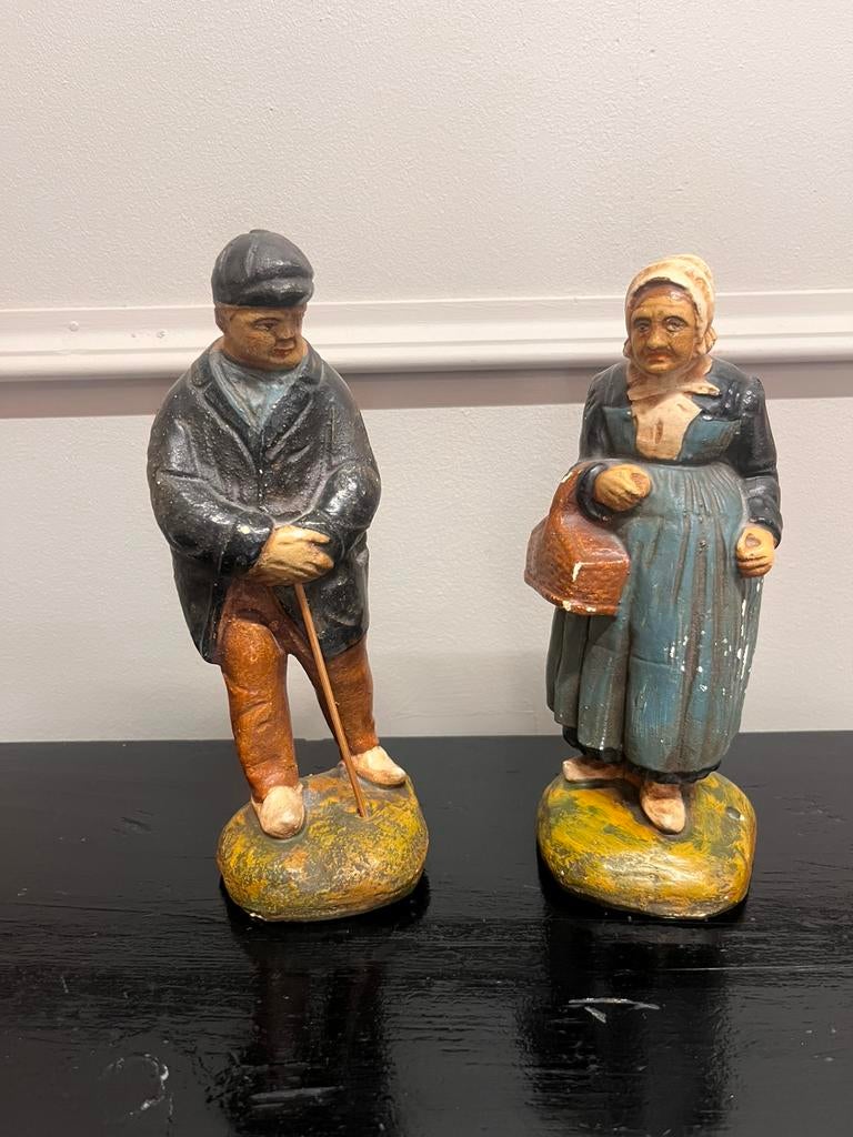 Brocante boer en boerin gipsen beeldjes, Ophalen of Verzenden, Gebruikt, Mens