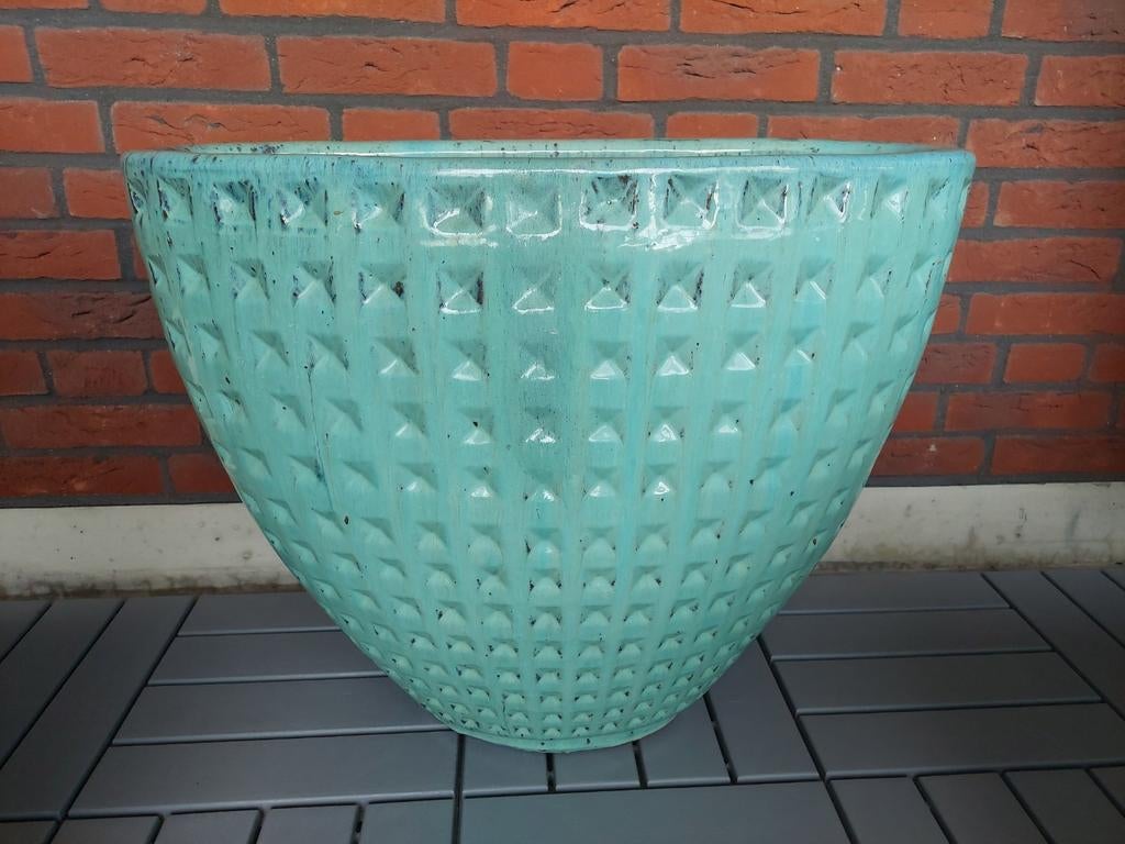 Grote ovalen turquoise bloempot/plantenbak in nieuwstaat, Ophalen, Zo goed als nieuw, Overige vormen, Aardewerk