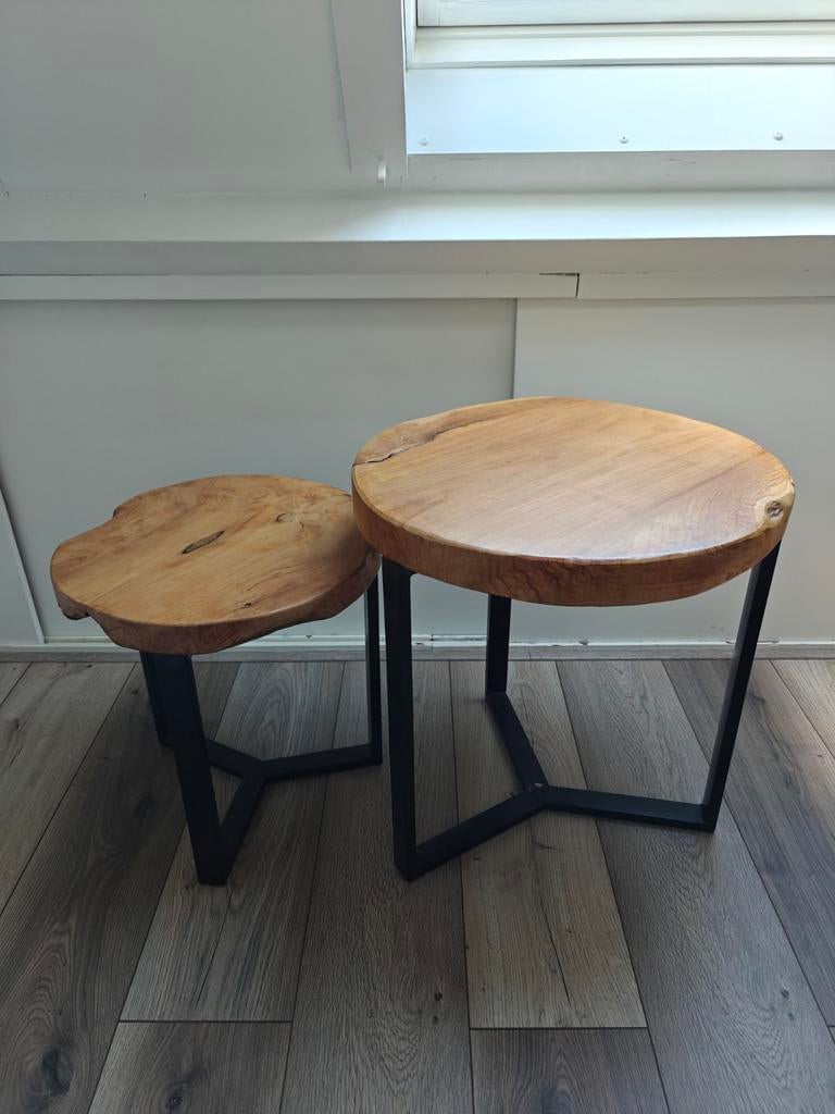 Houten salontafel set, Huis en Inrichting, Tafels | Salontafels, Ophalen, Zo goed als nieuw, Rond