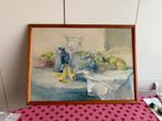 Aquarel stilleven fruit fles tafel TB 1984 blauw geel lijst, Ophalen